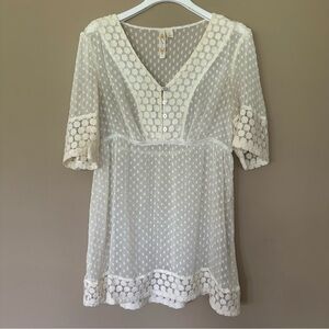Sheer Cottagecore Babydoll Top Women L Ivory Lace Feminine Vneck Blouse Boho
